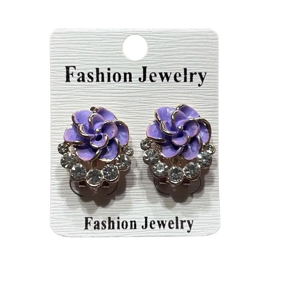 Purple Flower Diamond Enamel Stud Earrings Spring Demure Preppy NWT Lead Free